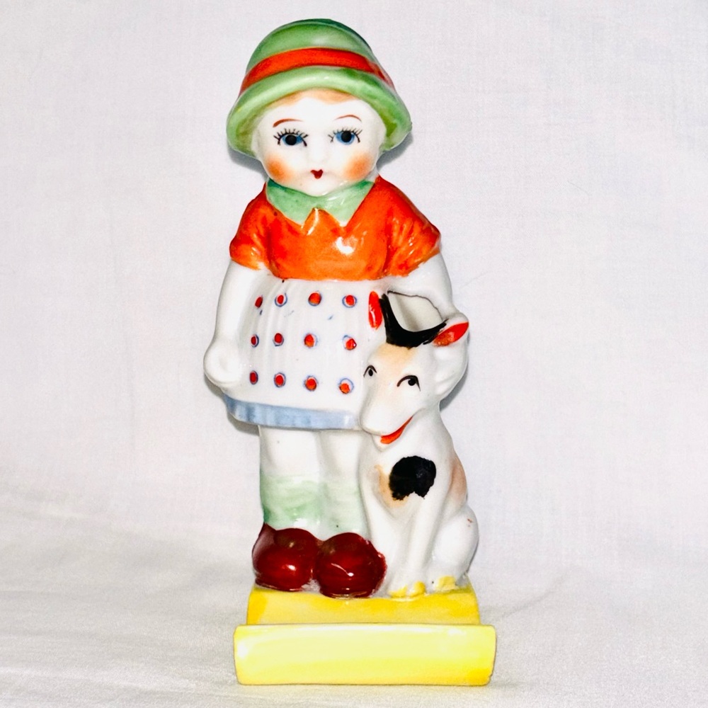 Vintage 1930s Figural Toothbrush Holder Girl Dog Toothpaste Tray Made in Japan